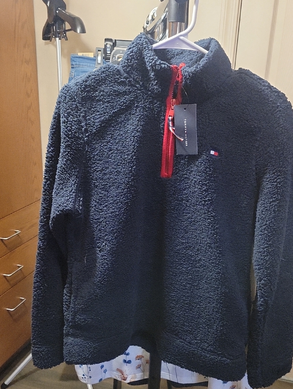 Tommy Hilfiger Men's Navy Sherpa Quarter-Zip with Red Trim